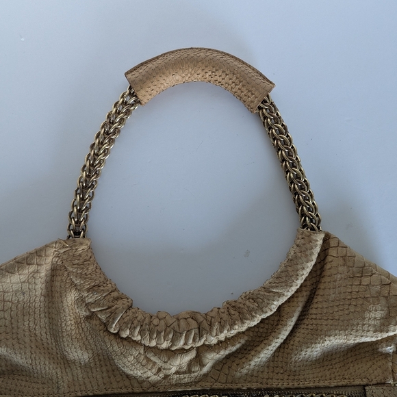 Stuart Weizman Camel Snake Skin Hobo Crossbody Bag with Gold Chain Strap - Picture 10 of 14
